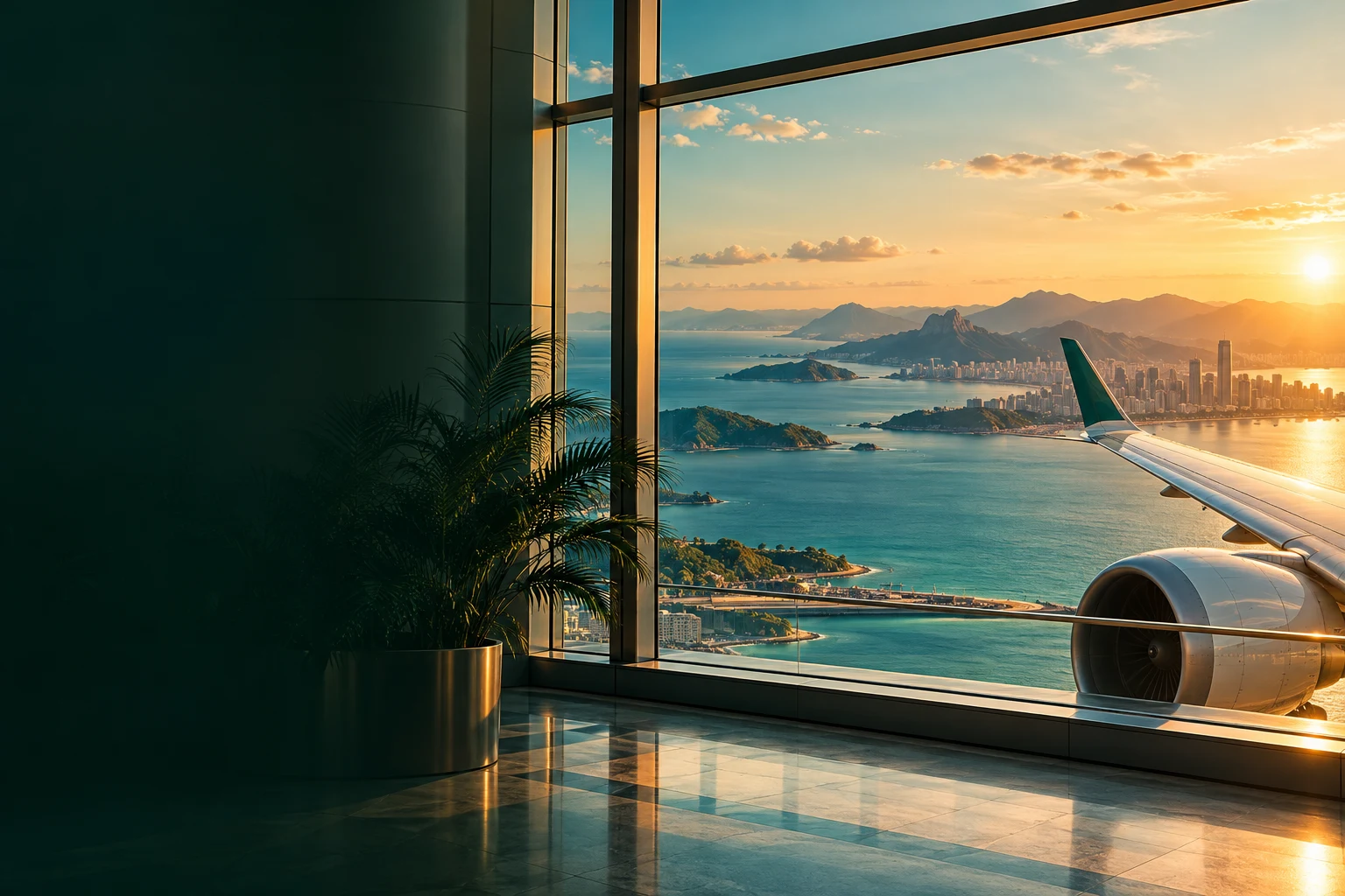 Sunrise over the sea viewed from an airport terminal